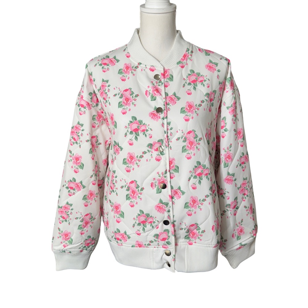 Mainstrip Women's Quilted Floral Bomber Jacket Pink Rose Snap Front White Size M - Picture 1 of 11